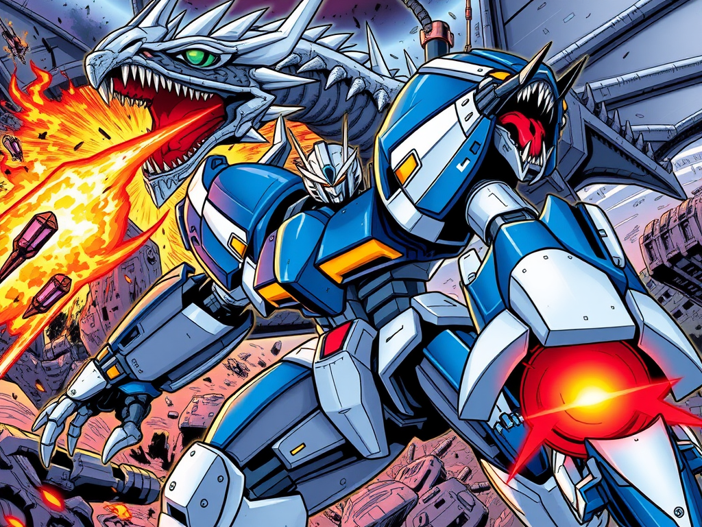 blue and white robot riding a multi headed dragon into battle