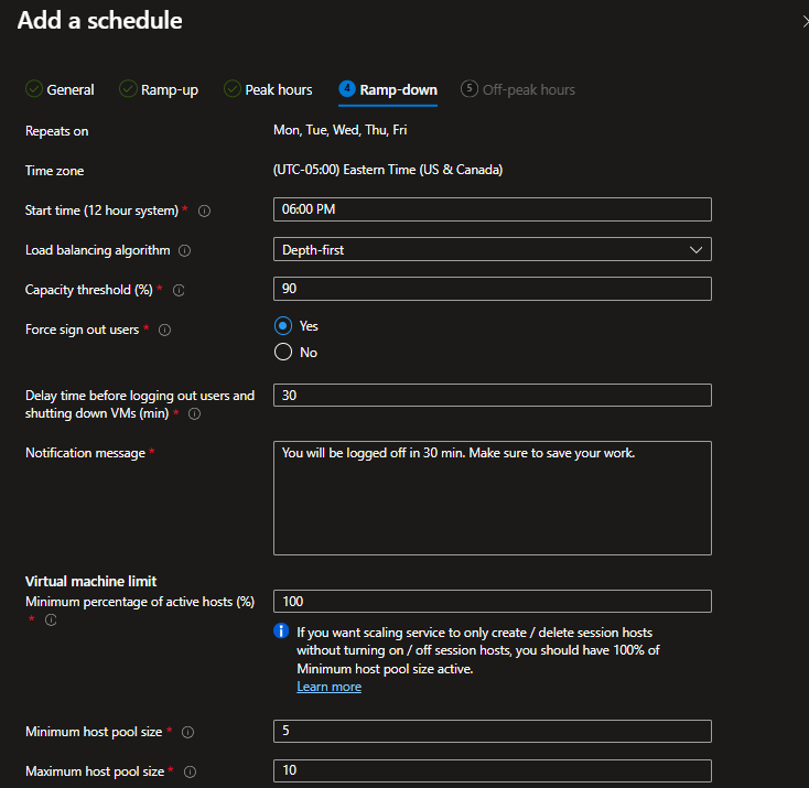 ramp-down settings for dynamic Scaling Plan