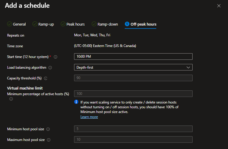 off-peak settings for dynamic Scaling Plan